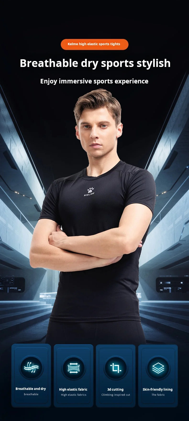 Kelme Sports T-shirt Men's Summer Short Sleeved Quick Drying Breathable Running Football Elastic Tight Fitness Suit
