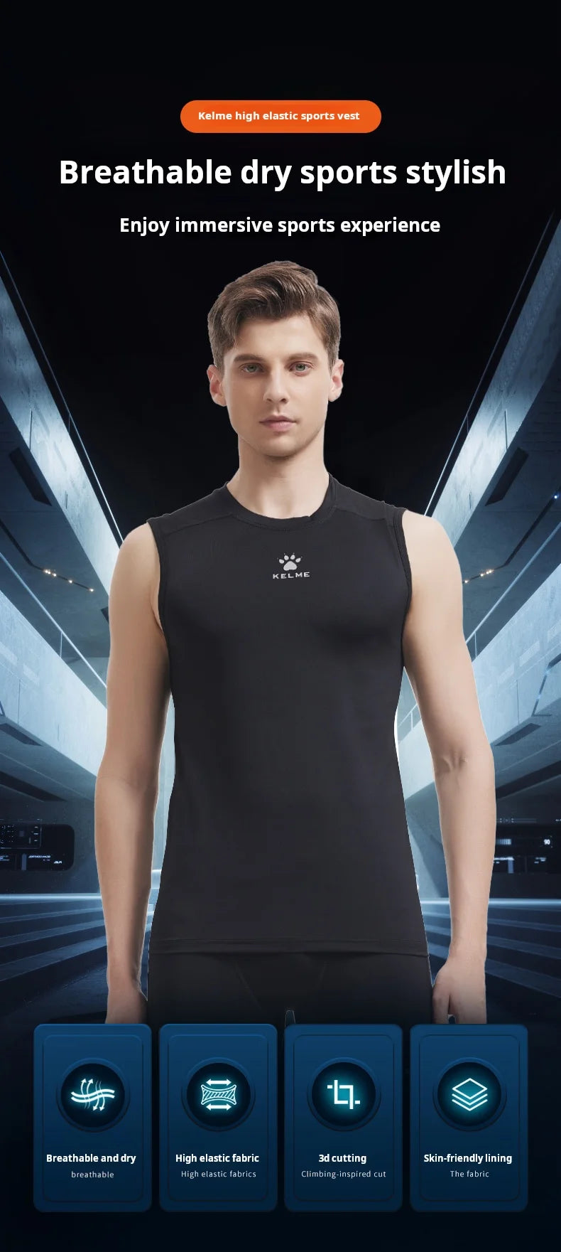Kelme Sleeveless Fitness T-shirt For Men's Summer High Elastic Breathable Tight Clothing Training Sports Tank Top Running Vest