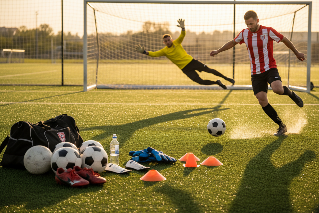 generate-a-hi-res-photo-containing-soccer-equipments-spread-on-the-soccer-field-ground-on-one-side-of-the-field-and-a-player-running-to-kick-a-ball-into-goal-towards-a-goal-keeper-div