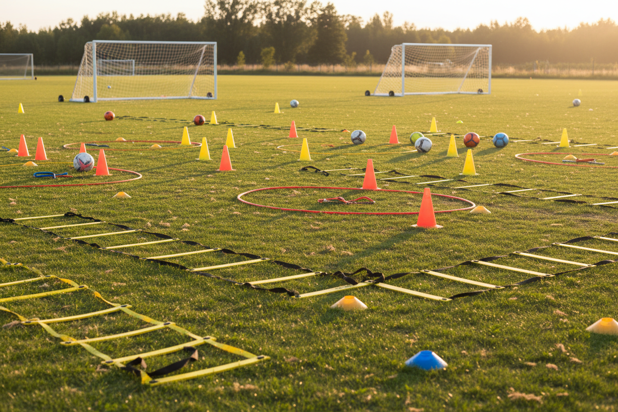 generate-a-photo-of-a-training-session-field-the-background-should-be-a-training-session-just-concluded-showing-equipments-such-as-training-ladders-cones-nets-and-extra-balls-on-the-g